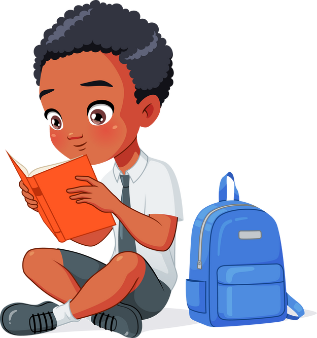 Cute African American school boy a book sitting on the floor